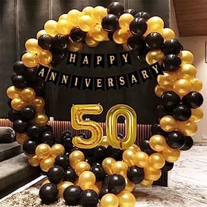 50th Happy Anniversary Balloon Decoration ,Decoration Theme-Gold & Black, Happy Anniversary Decoration Service At Your Door-Step, (50th Anniversary Decoration)