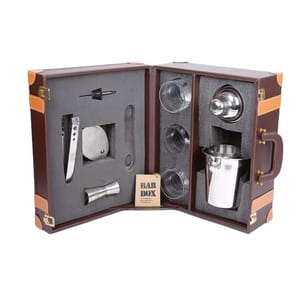 Bar Box Portable Bar Set in Leather Case with 3 Whiskey Glass (Vintage Brown) Includes 1 ice bucket, 3 whiskey glasses, 1 jigger, 6 steel coasters, 1 cocktail shaker, 1 tong, 1 bottle opener, and 1 bottle pourer ideal for professional gifts.