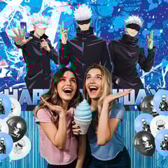 Satoru Anime Party Decoration, 5 x 3 FT Gojo Party Backdrop with 24 Pcs Balloons Jujutsu Satoru Kaisen Themed Party Photography Background Supplies for Fans Birthday Party Decor