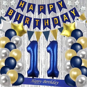 11th Happy Birthday Balloon Decoration ,Decoration Theme-Gold & Silver & Blue, Happy Birthday Decoration Service At Your Door-Step,( 11th Birthday Decoration )