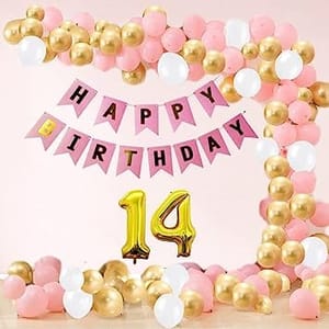 14th Happy Birthday Balloon Decoration ,Decoration Theme-Gold & Pink & White, Happy Birthday Decoration Service At Your Door-Step,( 14th Birthday Decoration For Girl)