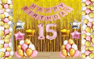 15th Happy Birthday Balloon Decoration ,Decoration Theme-Gold & Pink & Silver, Happy Birthday Decoration Service At Your Door-Step,( 15th Birthday Decoration )