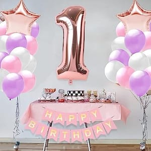 1st Happy Birthday Balloon Decoration ,Decoration Theme-Rose Golden  , Happy Birthday Decoration Service At Your Door-Step,( 1st Birthday Decoration For Baby Girl)