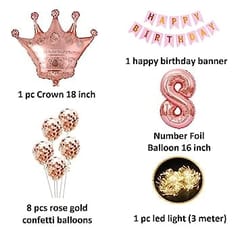 8th Happy Birthday Balloon Decoration With Led Light For Girls , Happy Birthday Decoration Service At Your Door-Step