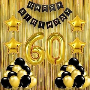 60th Happy Birthday Balloon Decoration ,Decoration Theme- Gold & Black , Happy Birthday Decoration Service At Your Door-Step,( 60th Birthday Decoration )