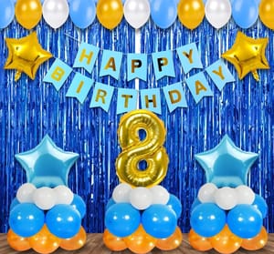 8th Happy Birthday Balloon Decoration ,Decoration Theme- Gold & Black , Happy Birthday Decoration Service At Your Door-Step,( 8th Birthday Decoration ) For Girls Pink And For Boys Blue Decoration Services