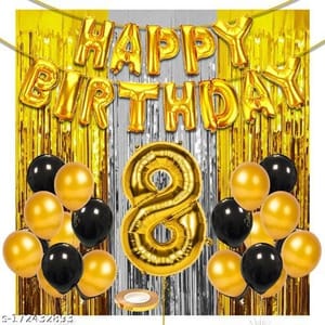 8th Happy Birthday Balloon Decoration ,Decoration Theme- Gold & Black , Happy Birthday Decoration Service At Your Door-Step,( 8th Birthday Decoration ) For Girls Pink And For Boys Blue Decoration Services