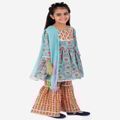 Girl's Flower Print Cotton Kurta With Sharara & Dupatta