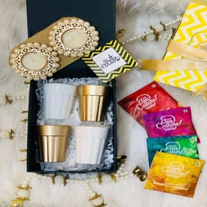 "Metallic Love" Diwali hamper - Diwali Gift Box- 4 Unbreakable Gold & White Cutting chai,1 pack of designer Diyas,Organic Flavored Tea Sachets,Plus surprise Gift,Customised Greeting card For Festive gift