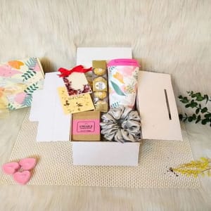 "A Floral Fragrance Box For Her"-Rice husk sipper floral print,Ferraro Rocher,Fragrance bar,Natural Hand made soap,crunchy,Best wishes card. For Festive gift