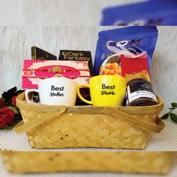 "Bhaiya Bhabhi Graceful Rakhi Hamper"-Pair of two tea cups(customization available),Rakhi & Lumba rakhi, For Festive gift