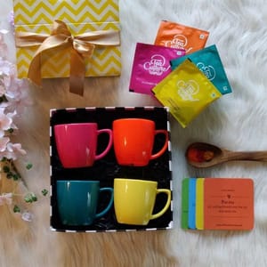 Holi Gift - 'Holi, We & Tea' Box (4 Cups,Tea Bags,4 coasters,Organic Holi colours)