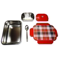 Tacos Steel Lock-800 Red Check Design Big Lunch Box For Office Use Steel Inner Leakproof Plastic Grip 800 ml