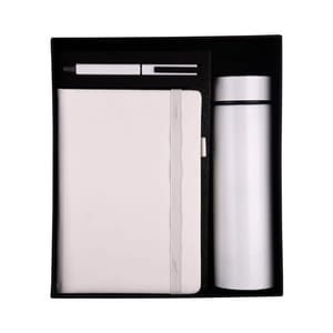 Stunning 3 in 1 White Gift Set -cube pen  Notebook & Temperature Bottle perfect corporate gift for all your employees, clients and prospects