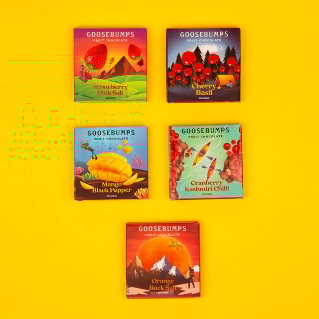 Eco Gift Box of 20 Adventurous Chocolates (Orange Rock Salt Chocolate,Cranberry Kashmiri Chilli Chocolate,Mango Black Pepper Chocolate,Cherry Basil Chocolate,Strawberry Pink Salt  Chocolate)