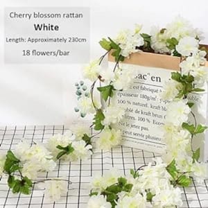 cThemeHouseParty Artificial Cherry Blossom Rattan Flowers(White) Wall Hanging Decorative Vine String Lines Items for Diwali Decoration, Backdrop for Pooja Room, Home Decor (230 cm)