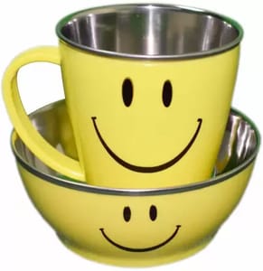 Pack of 2 Stainless Steel Smiley Angel Mug and Bowl Set Yellow  (Yellow)