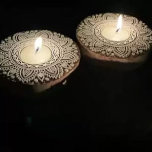 cThemeHouseParty 2 Pcs Wooden Candle Holder with 2 wax candle, Floor Decoration Reusable for Puja Decor Tealight Candle Holder Diya for Pooja decor.
