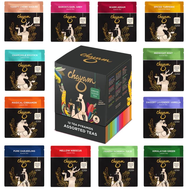 Assorted Tea Bags Sampler All 12 Flavours(Midnight Mint,Toasty Creme Brulee,Mellow Hibiscus,Mellow Hibiscus,Sweet Lavender Vanilla,Chamomile Exotica,Magical Cinnamon,Baron's Earl Grey,Fresh Moringa Tulsi,Himalayan Green,Warm Assam,Pure Darjeeling) - Festive Hamper set With Flavour From India
