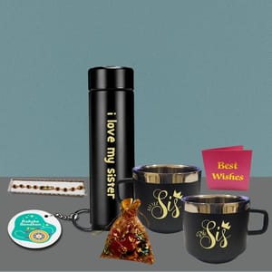 Sister Rakhi hamper  Includes Rudraksha Rakhi,Temperature Bottle & Cup Set,Chocolate Pouch & Best wishes Card a personal touch to the gift hamper