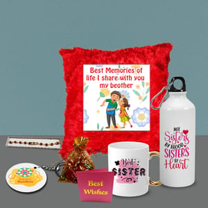 Sister & Brother Rakhi hamper  Includes Rudraksha Rakhi,Memory  Red Fur Pillow,Best Sister Golden Mug,Aluminum Bottle,Keychain,Chocolate Pouch & Best wishes Card a personal touch to the gift hamper