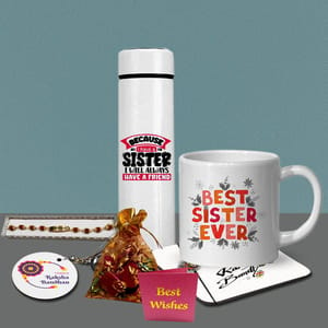 Sister Rakhi Hamper  Includes Rudraksha Rakhi,Best Sister Tea Mug,Temperature Bottle,Keychain,Chocolate Pouch & Best wishes Card a personal touch to the gift hamper