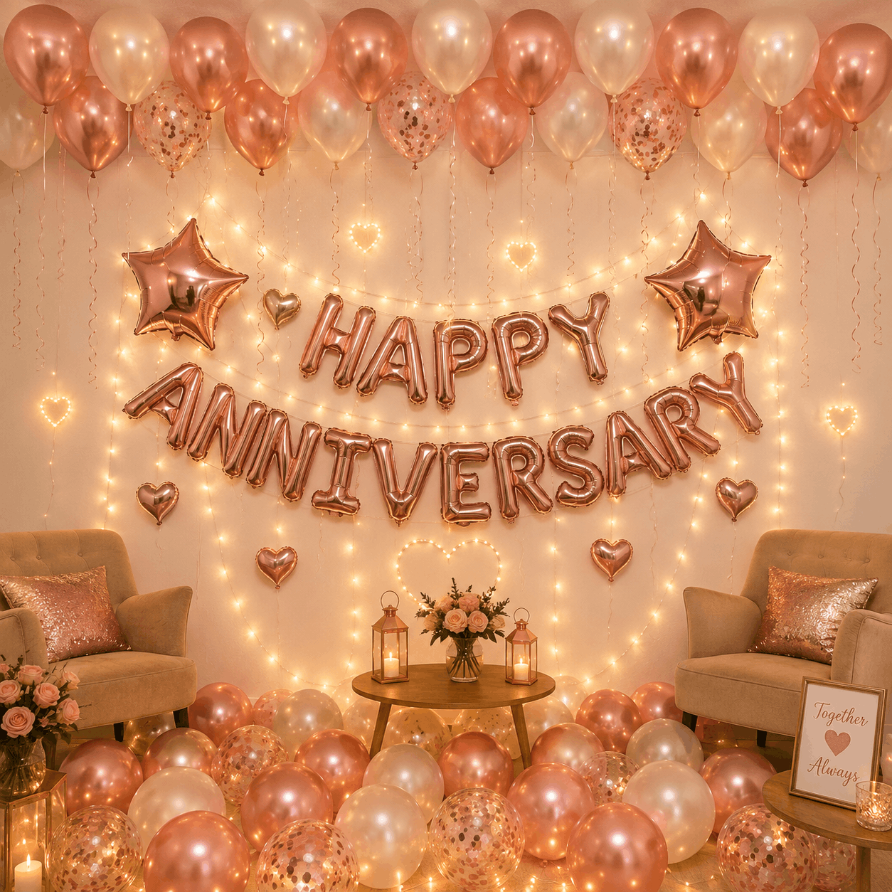 Happy Anniversary Rose Gold Surprise Decor