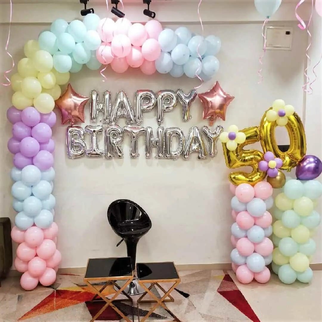 Pastel Rainbow Balloon Arch – 50th Birthday Decoration