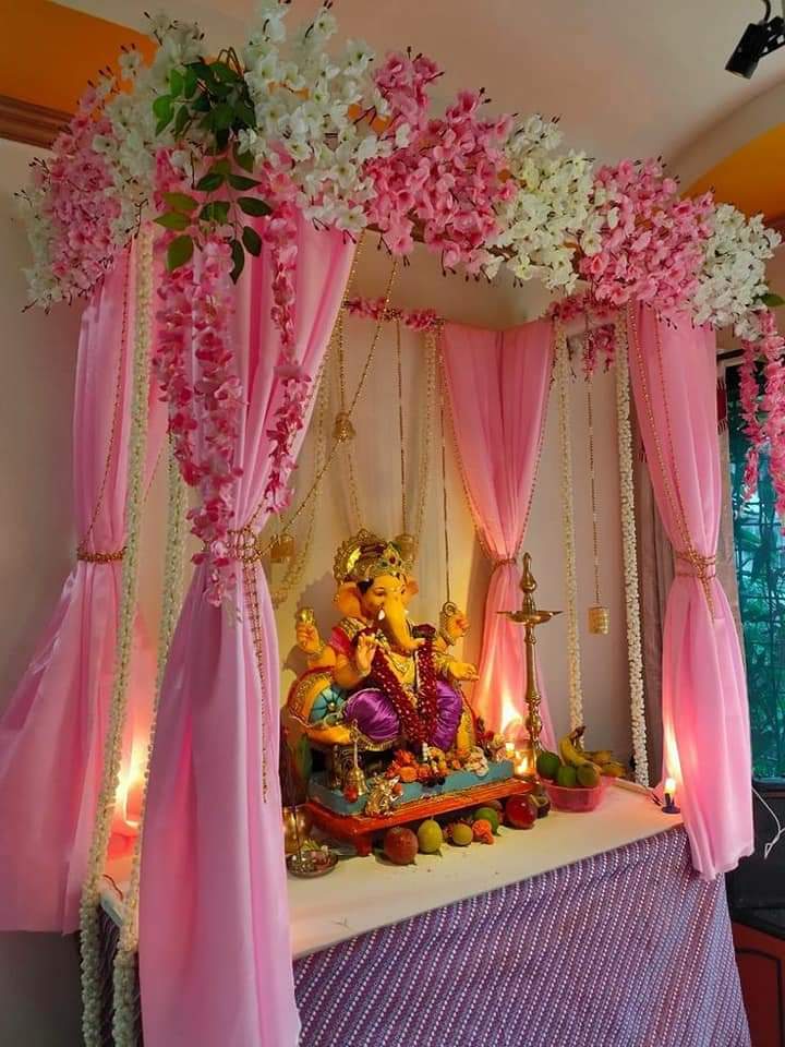 Pink Floral Draped Ganpati Mandap Decoration