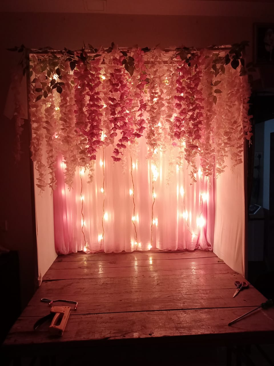 Pink Floral Curtain & Fairy Light Ganpati Decoration
