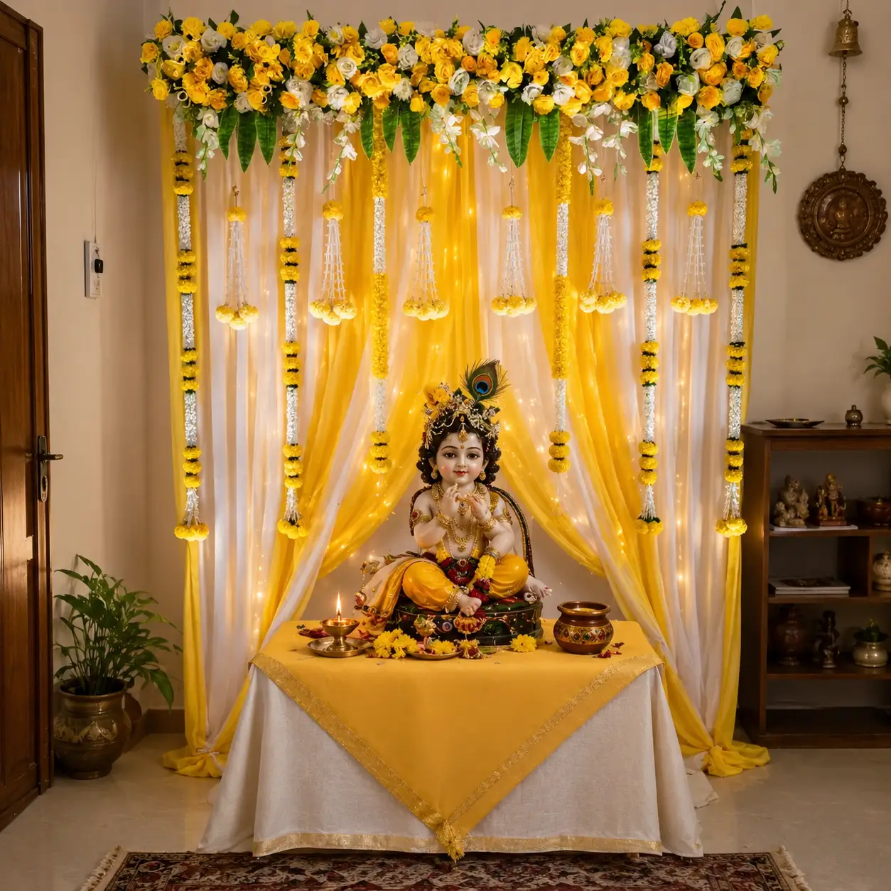 Premium Yellow & White Floral Krishna Decoration