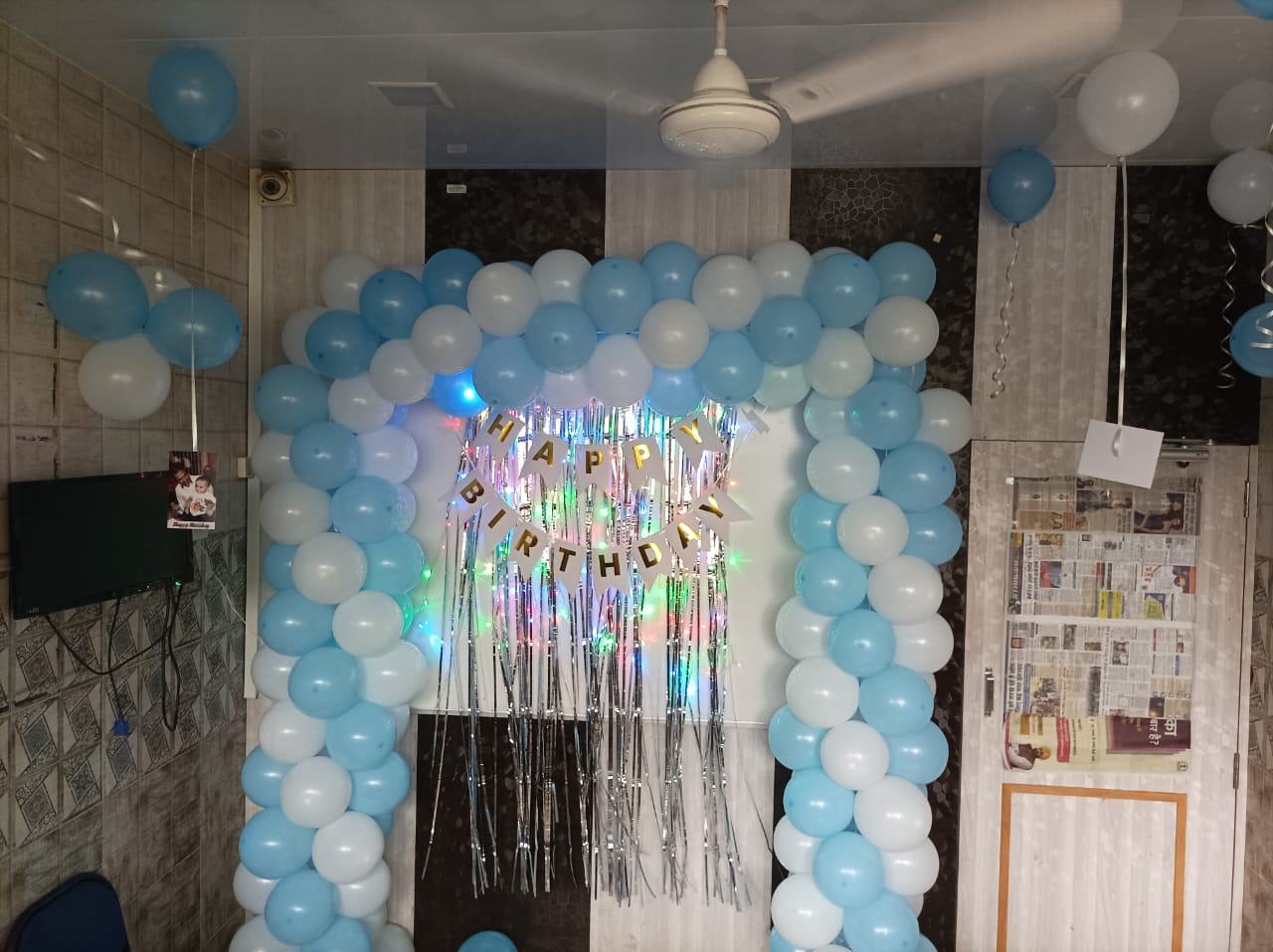 Blue & White Birthday Arch Backdrop Setup