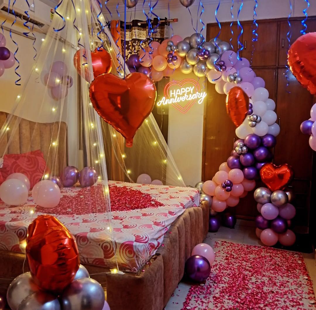 Premium anniversary room decoration canopy with LED lights